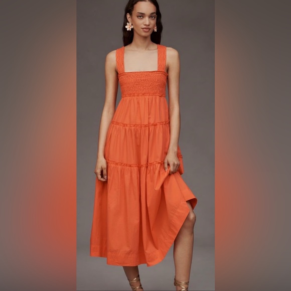 Anthropologie Dresses & Skirts - Anthropologie The Helena Square Neck Smocked Tiered Midi Orange Dress